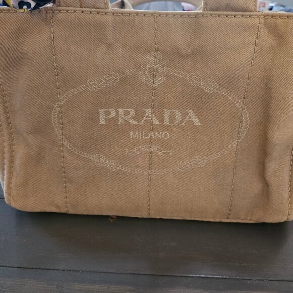 Prada Women's Beige Enameled Metal Triangle Canapa Tote Bag With Twilly - Picture 4 of 15